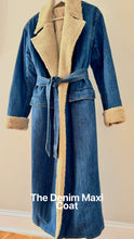 Load image into Gallery viewer, Denim warm maxi coat lined with cozy boucle. Pockets with wrapped belt. Stylish and sleek fashionable coat. 
