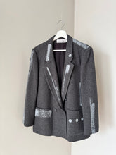 Load image into Gallery viewer, Grey 100% wool vintage women&#39;s blazer. A structured blazer painted with bold metallic paint, abstract brushstrokes. Chic, timeless blazer. Upcycled blazer trending grey double breasted. 
