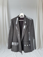 Load image into Gallery viewer, Grey 100% wool vintage women&#39;s blazer. A structured blazer painted with bold abstract art in metallic. Chic, timeless blazer. Upcycled blazer trending grey double breasted. 
